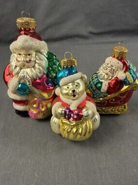 Lot/3 Unique Treasures Hand Blown Glass Christmas Ornament Santa Radko-style